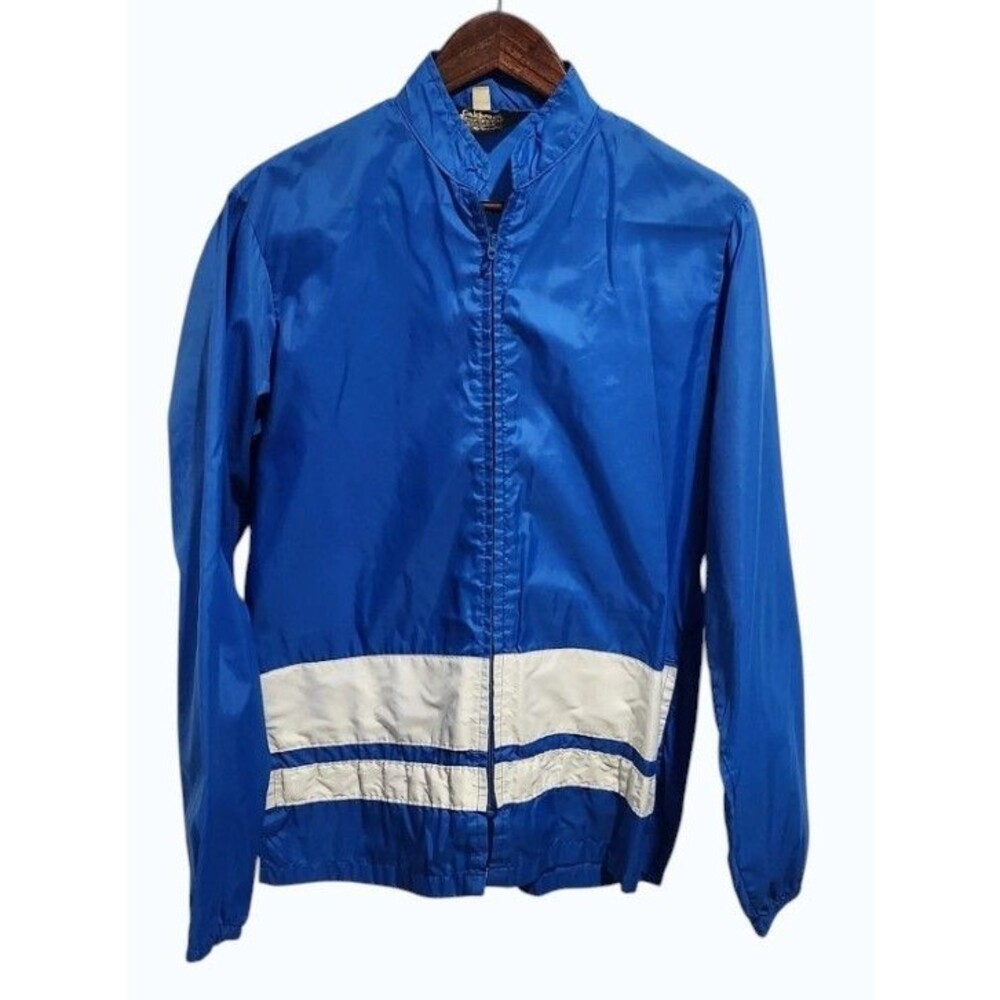 Vtg 70s Sears Oakbrook Sportswear Windbreaker Jacket Blue White Stripe Small